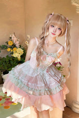 Pink/Green Summer Garden Ruffle Embroidery Bowknot Lace Sweet Lolita Jsk Short Dress - Product - 2