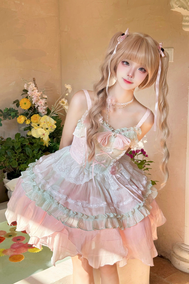 Pink/Green Summer Garden Ruffle Embroidery Bowknot Lace Sweet Lolita Jsk Short Dress - Product - 2