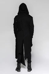 Black Strap Decoration Long Sleeves Irregular Hem Hooded Mens Steampunk Coat - Product - 3