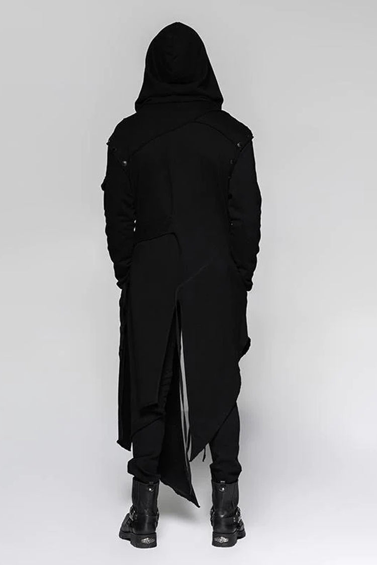 Black Strap Decoration Long Sleeves Irregular Hem Hooded Mens Steampunk Coat - Product - 3