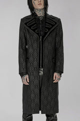 Black Punk Woven Print Large Collar Simple Atmospheric Long Men's Coat - Black - 1