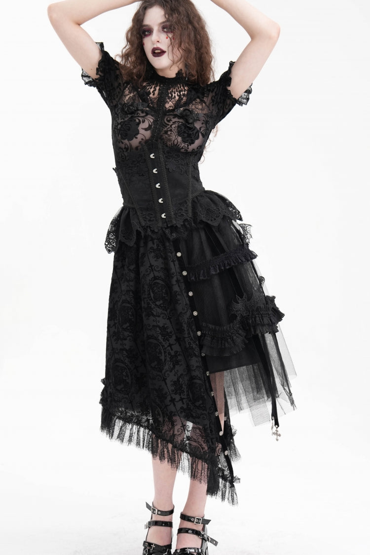 Black Jacquard Cut-Out Lace Asymmetric Pleated Women's Gothic Luxurious Skirt - Product - 4