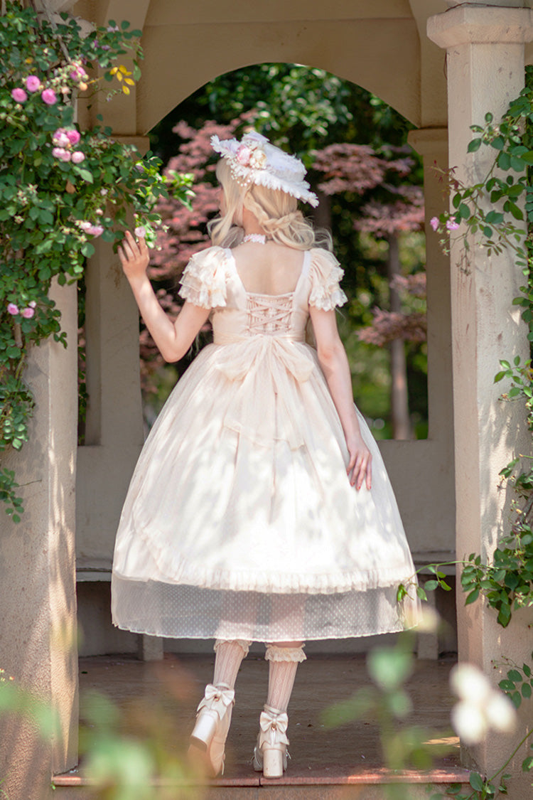 Apricot [Moon goddess *Mediana*] Polka Dot Print Ruffle Bowknot Asymmetric Sweet Elegant Lolita Dress - Product - 7