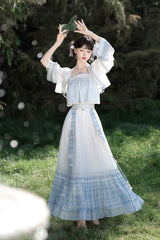 White/Blue [Moon-Reflecting Bell] Long Sleeves High Waisted Printed Women's Classic Hanfu Set - Product - 3