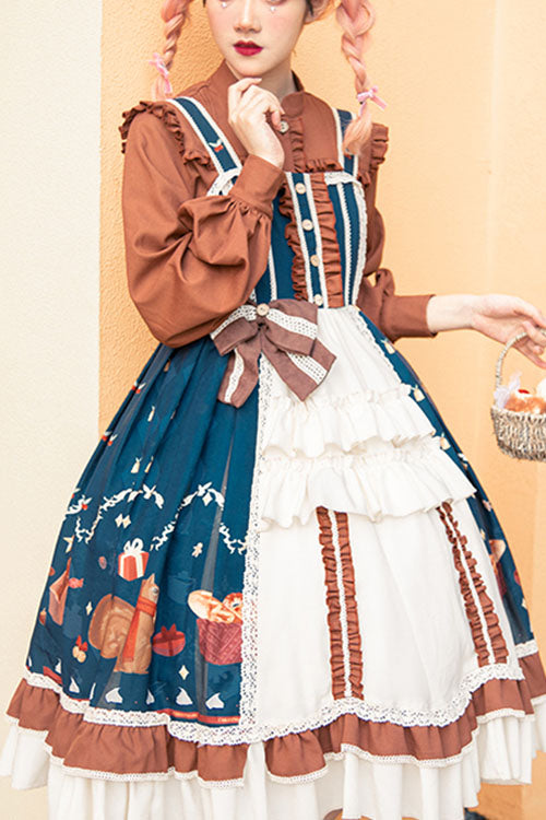 Blue/Brown Christmas Bread Squirrel Gift Print Cardigan Bowknot Multi-Layer Ruffled Sweet Lolita JSK Dress - Blue/Brown - 1