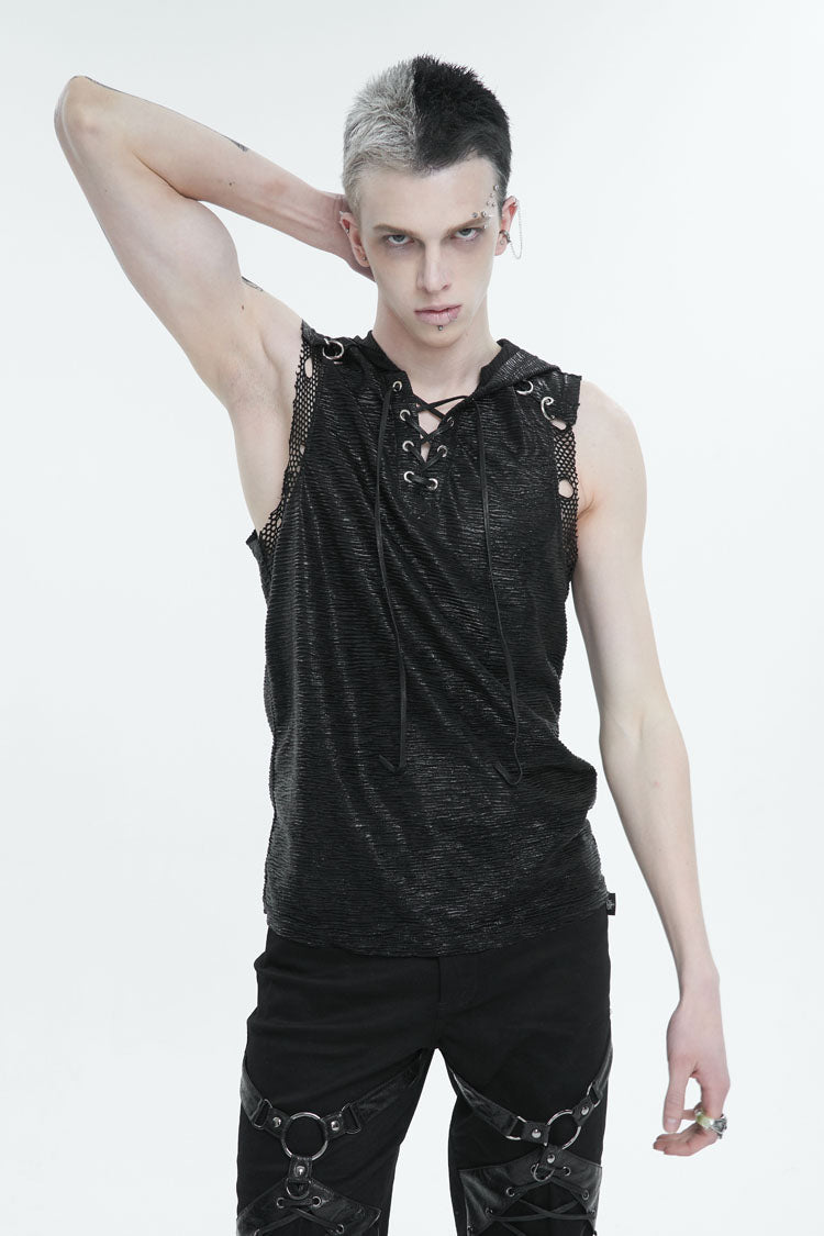 Black Strappy Mesh Splice Men's Punk Vest With Hood - Product - 3