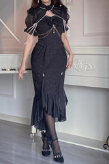 Black [Camellia 1.0] Sleeveless Jacquard Ruffle Lace Gothic Chinese Style Lolita Jsk Fishtail Dress - Product - 10