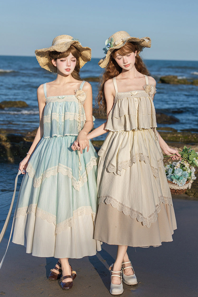 [Summer of Bluebells] Square Collar Sleeveless Jacquard Ruffled Asymmetric Sweet Lolita Skirt Set 2 Colors (Blue/Green, Ivory) - Blue/Green(Set) - 1