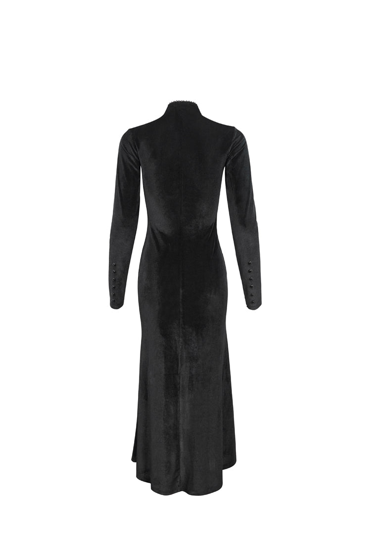 Black Small Stand Collar Cashew Paisley Lace On Chest Mesh Paneled Asymmetrical Hem Long Sleeve Women's Gothic Dress - Product - 9
