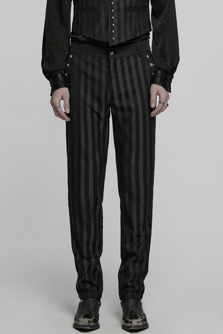 Black High Waisted Striped Print Men's Gothic Suit Pants - Black - 1