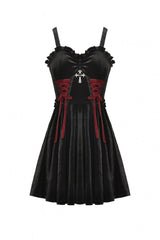 Black/Red Cross Lace-Up Strappy Women's Gothic Velvet Slip Dress - Product - 3