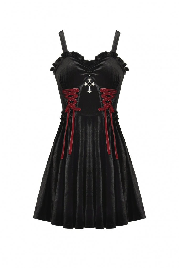 Black/Red Cross Lace-Up Strappy Women's Gothic Velvet Slip Dress - Product - 3
