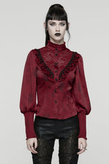 Red Stand Collar Long Puff Sleeves Ruffle Stitching Lace Women's Gothic Blouse - Red - 1
