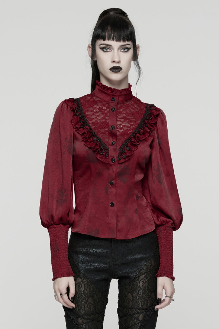 Red Stand Collar Long Puff Sleeves Ruffle Stitching Lace Women's Gothic Blouse - Red - 1