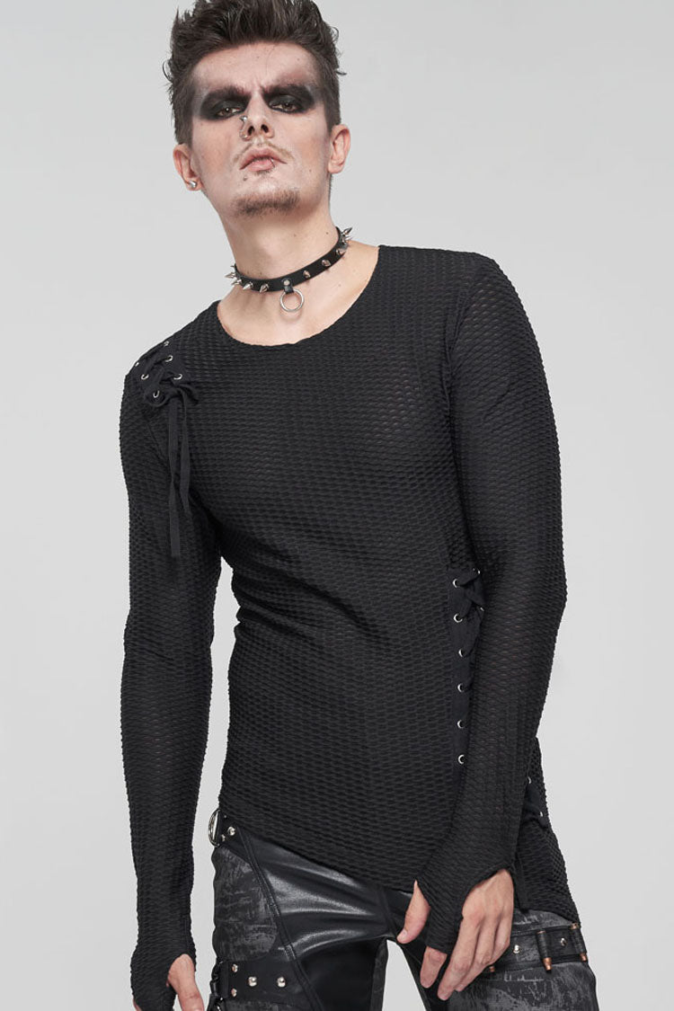 Black Gothic Asymmetry Drawstring Decoration Coarse Net Men's Shirt - Product - 3