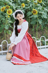 Red French Country Floral Shepherd Square Collar Long Sleeves Printed Ruffled Classic Vintage Lolita Dress - Product - 2