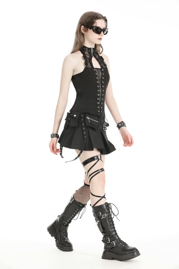 Black Women's Punk Buckled Eyelet Multi-Pockets Pleated Mini Skirt - Product - 2