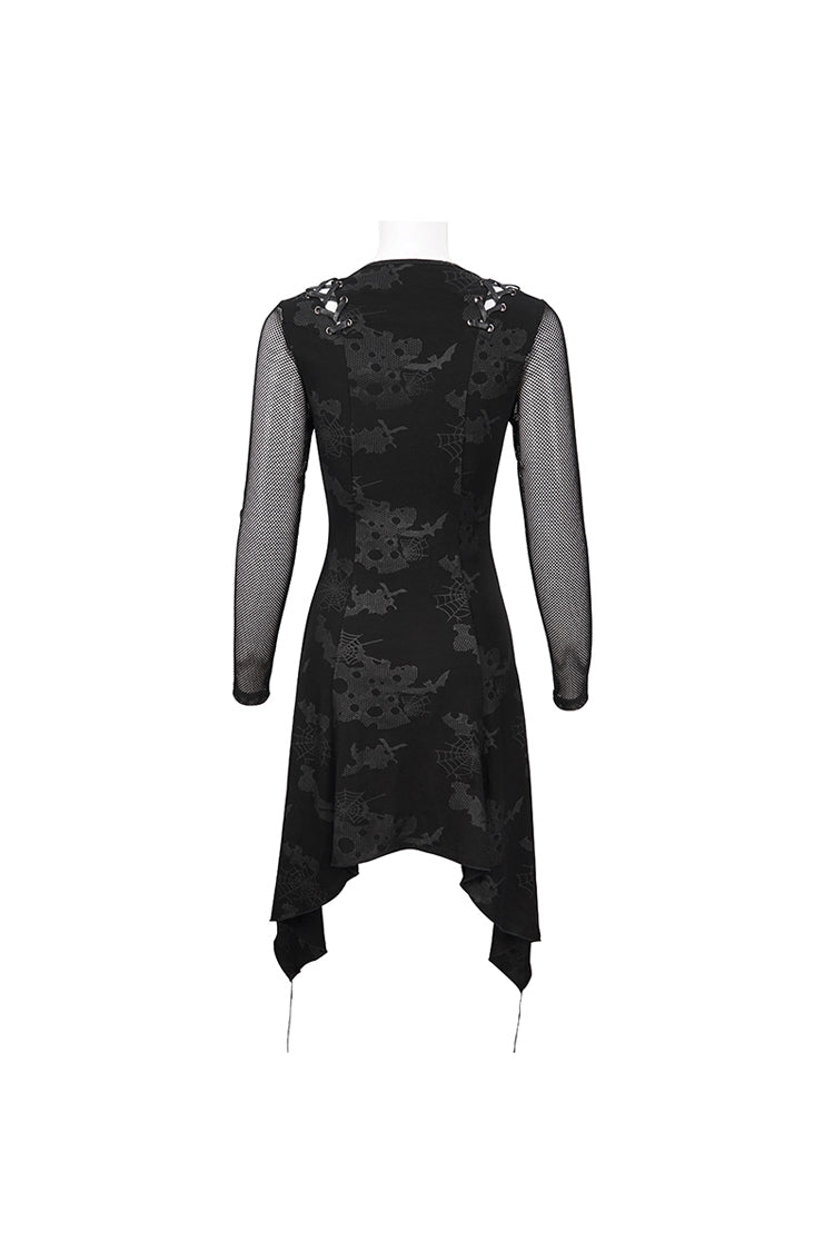 Black Shoulder Cutout Tie Rope V Neck Pattern Print Decorative Women's Gothic Dress - Product - 7