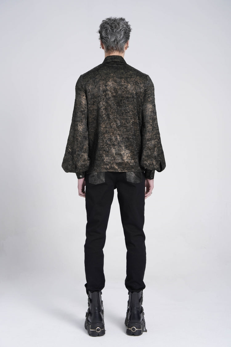 Black Lapel Collar Long Puff Sleeves Faux Leather Stitching Men's Gothic Blouse with Chain - Product - 9