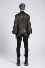 Black Lapel Collar Long Puff Sleeves Faux Leather Stitching Men's Gothic Blouse with Chain - Product - 9