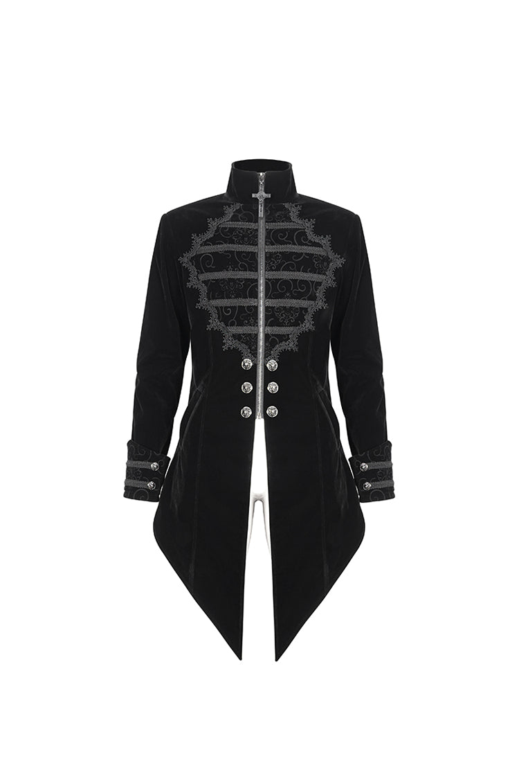 Black Stand Collar Lace Splice Swallow Tailed Men's Gothic Coat - Product - 7