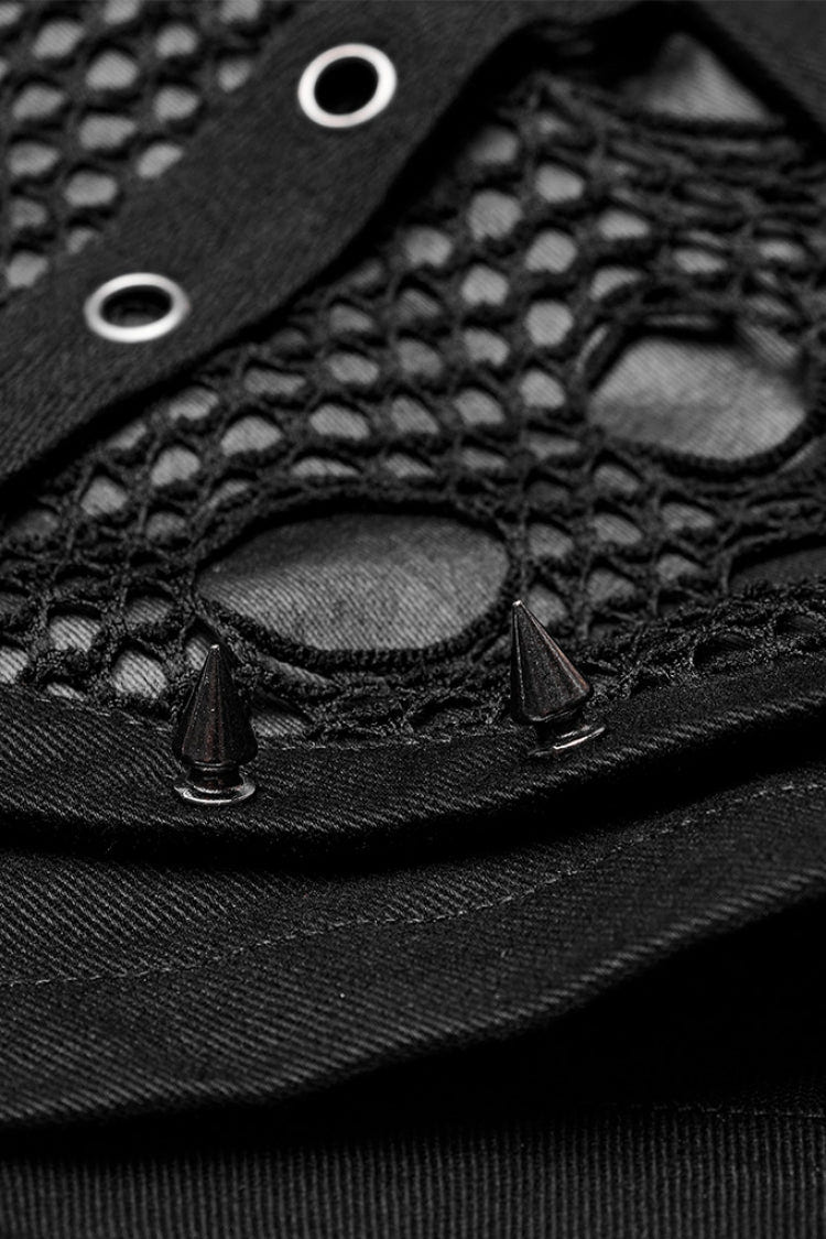 Black Faux Leather Stitching Mesh Buckles Women's Steampunk Shorts - Product - 8