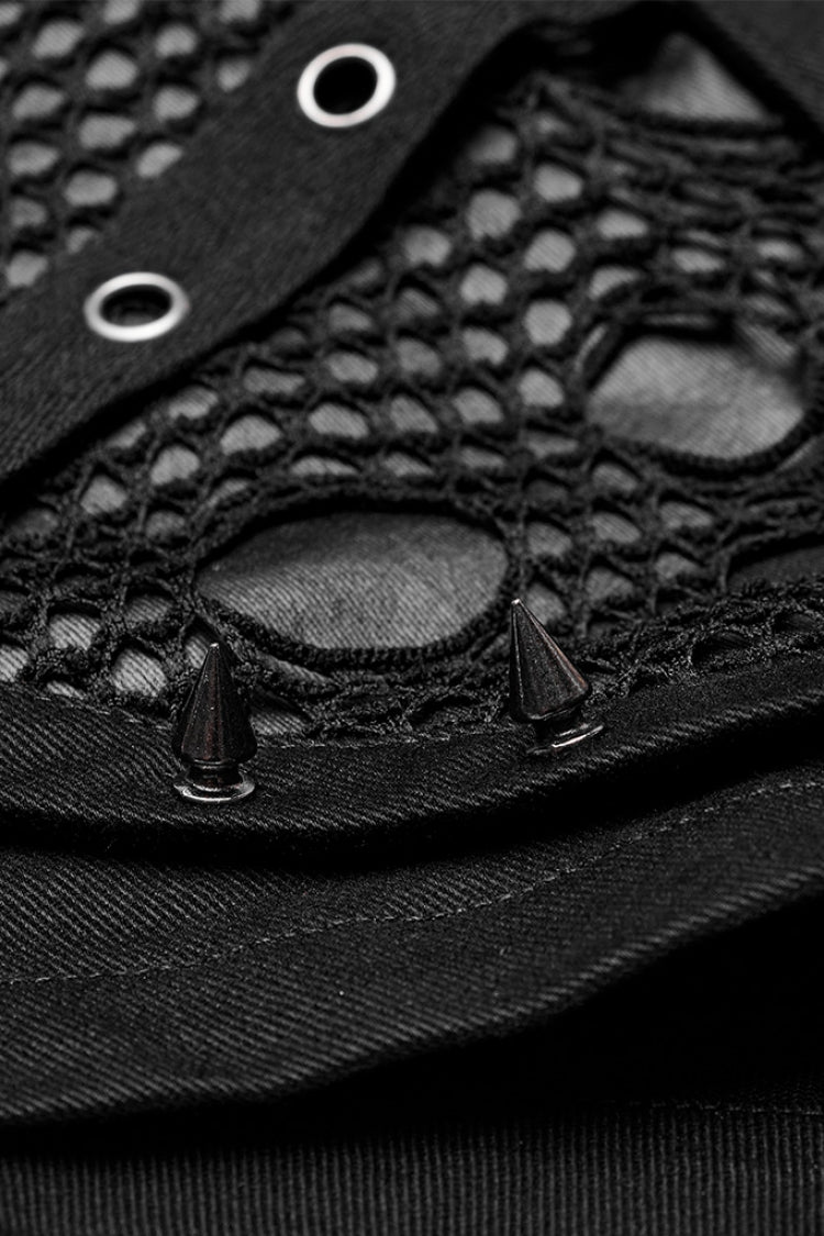 Black Faux Leather Stitching Mesh Buckles Women's Steampunk Shorts - Product - 8