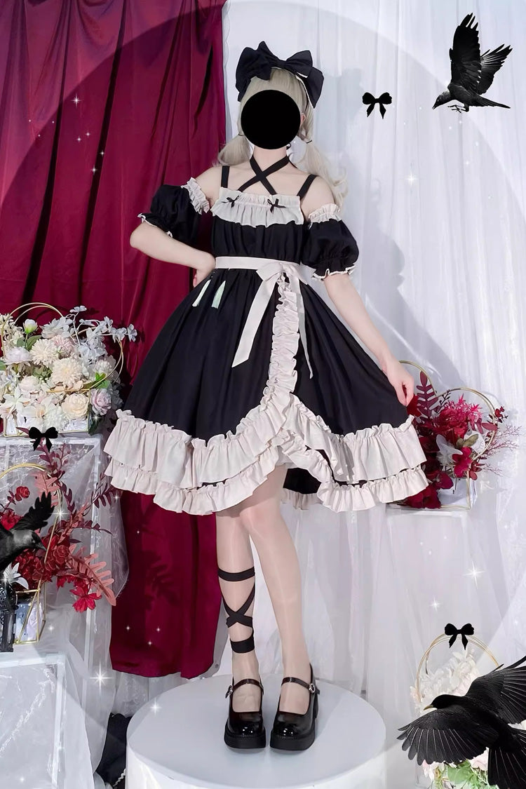 Black [Monet Estate] Sleeveless High Waisted Ruffle Bowknot Asymmetric Gothic Lolita Jsk Dress - Product - 14