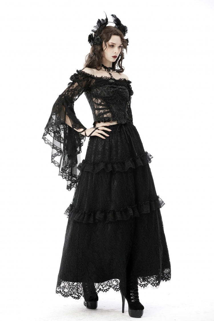 Black Off Shoulder Lace Long Trumpet Sleeves Floral Mesh Women's Gothic Cape - Product - 12