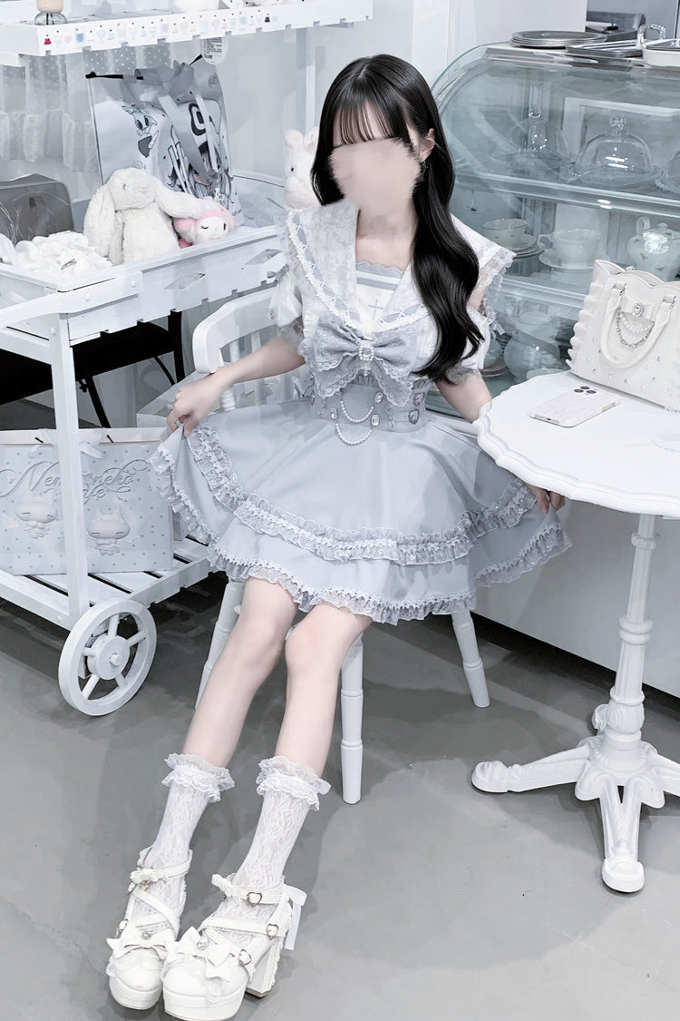 Aqua [Apprentice Witch] Off Shoulder Navy Collar Short Sleeves Ruffled Bow Lace Pearl Detail Classic Jirai Kei Japanese Skirt Set - Product - 8