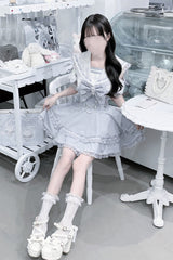 Aqua [Apprentice Witch] Off Shoulder Navy Collar Short Sleeves Ruffled Bow Lace Pearl Detail Classic Jirai Kei Japanese Skirt Set - Product - 8