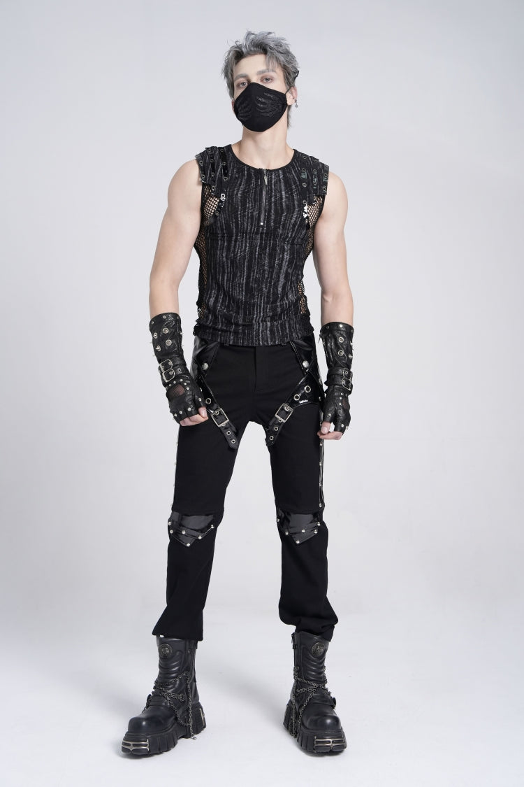 Black Sleeveless Ribbed Print Stitching Mesh Zipper Men's Gothic Vest - Product - 11