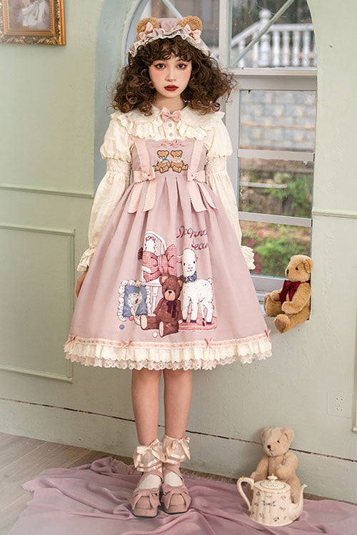 Pink Sheep & Bear Print Alice Girl Bowknot Ruffled Sweet Lolita JSK Dress - Product - 5