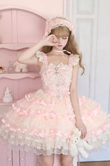 Pink [Rose Feather Waltz] Sleeveless Triple-Layered Ruffle Bowknot Lace Sweet Ballet Lolita Jsk Dress - Pink - 1