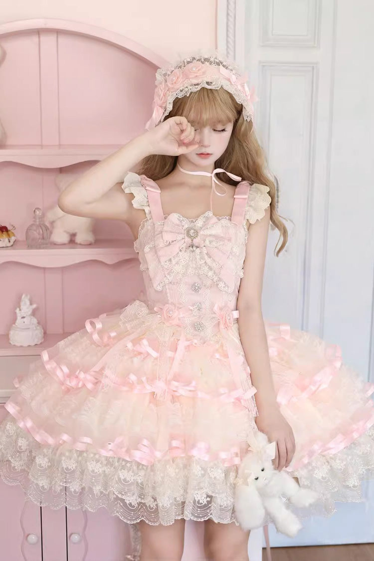 Pink [Rose Feather Waltz] Sleeveless Triple-Layered Ruffle Bowknot Lace Sweet Ballet Lolita Jsk Dress - Pink - 1