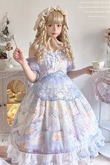 Blue [Walking In The Clouds] Print Ruffle Bowknot Lace Sweet Lolita Jsk Dress Full Set - Product - 5
