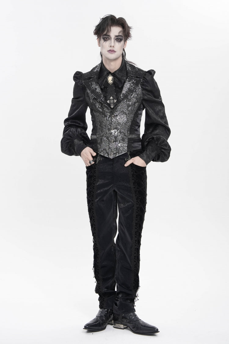 Black Lapel Collar Off Shoulder Halterneck Sleeveless Jacquard Lace Slim Color-Blocked Men's Gothic Palace Vest - Product - 6