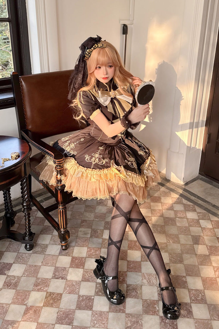 Black [Gilded Oath] Short Sleeves Double-Layered Ruffle Embroidery Bowknot Gothic Lolita Dress - Product - 4