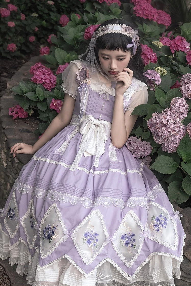 Purple Print Ruffle Embroidery Bowknot Classic Vintage Lolita Dress - Product - 2