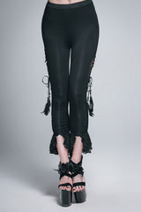 Black Side Hollow Out Lace Up Slit Lace Hem Gothic Womens Pants - Black - 1