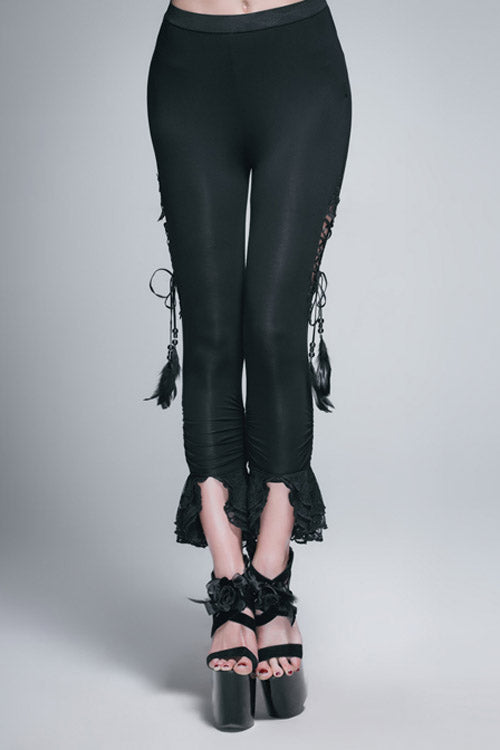 Black Side Hollow Out Lace Up Slit Lace Hem Gothic Womens Pants - Black - 1