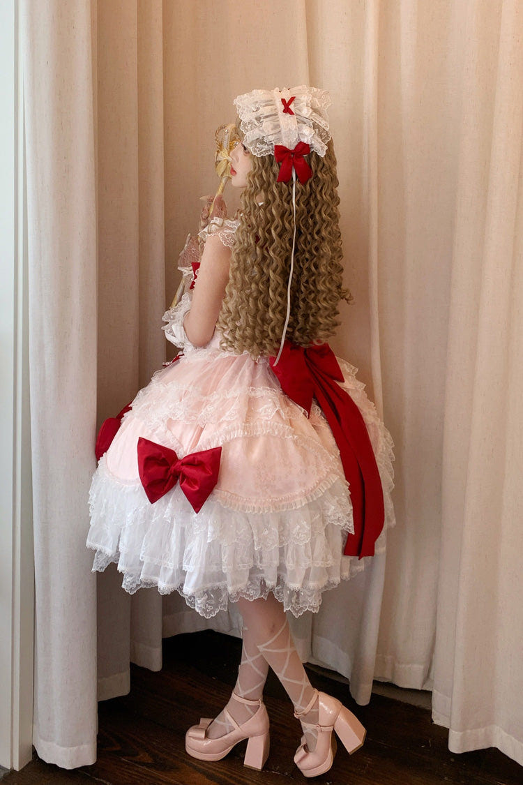 Red/Pink [Flower Dream Isle] Square Collar Multi-Layered Ruffled Bow Lace Sweet Lolita Jsk Dress - Product - 6