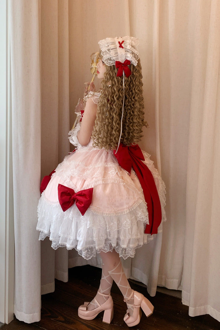 Red/Pink [Flower Dream Isle] Square Collar Multi-Layered Ruffled Bow Lace Sweet Lolita Jsk Dress - Product - 6