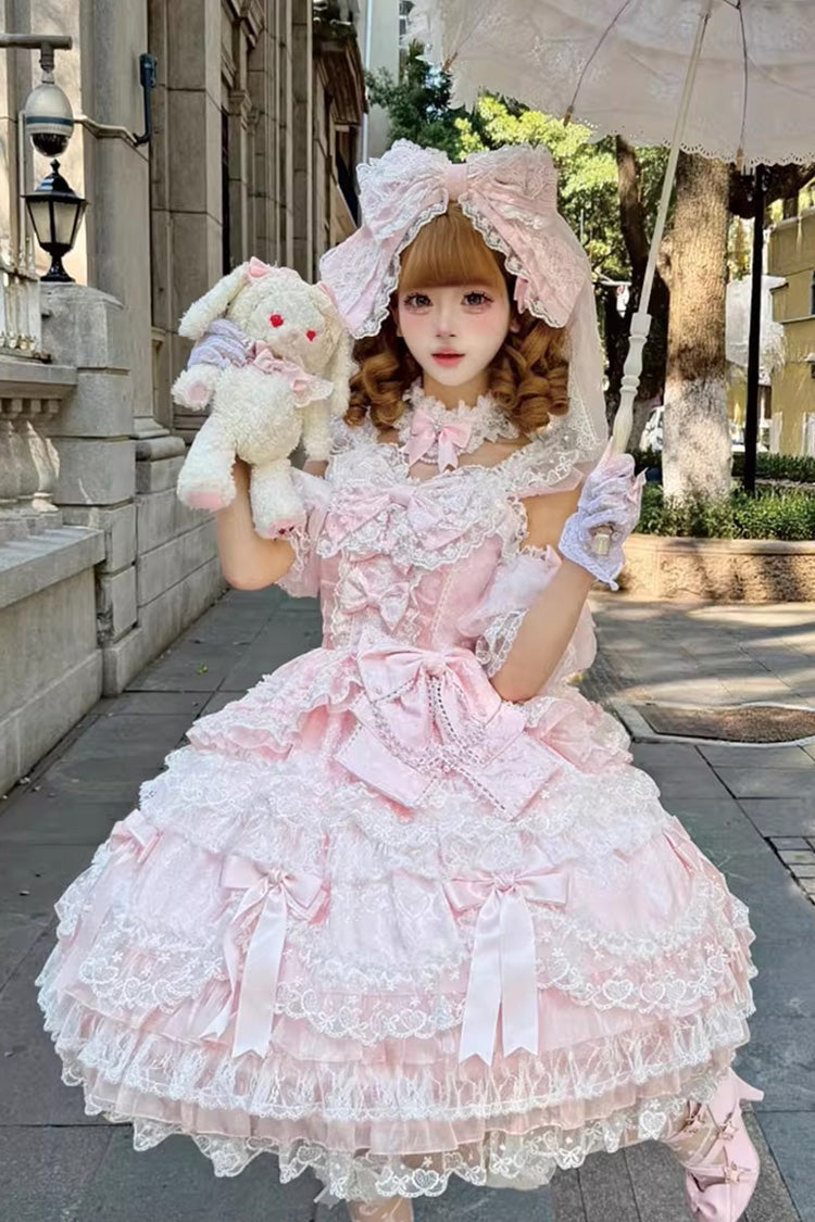 Pink Dream of the Misty Moon Sleeveless Multi-Layered Ruffled Bow Lace Pearl-Decorated Sweet Princess (Dress Only) detail view 4