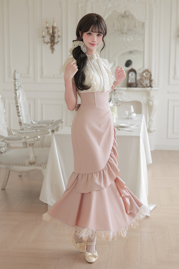 White/Pink Round Collar Short Sleeves Ruffled Bow Lace Color-Blocked Boned Sweet Lolita Dress 2 Versions - Product - 20