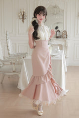White/Pink Round Collar Short Sleeves Ruffled Bow Lace Color-Blocked Boned Sweet Lolita Dress 2 Versions - Product - 20