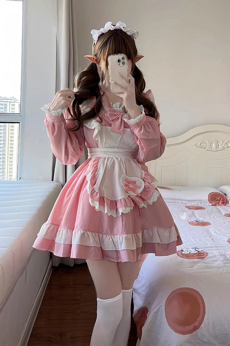 Pink Maid Long Sleeves Ruffle Bowknot Sailor Sweet Plus Size Lolita Dress Full Set - Product - 2