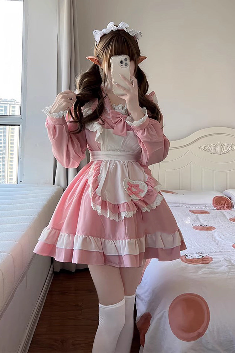 Pink Maid Long Sleeves Ruffle Bowknot Sailor Sweet Plus Size Lolita Dress Full Set - Product - 2