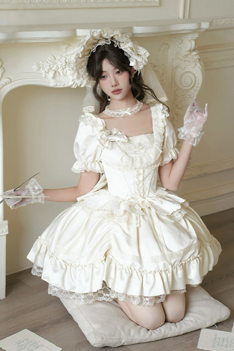 White [Letters and Poems] Square Collar Short Sleeves Ruffle Hanayome Bowknot Sweet Elegant Gorgeous Lolita Dress - Product - 6