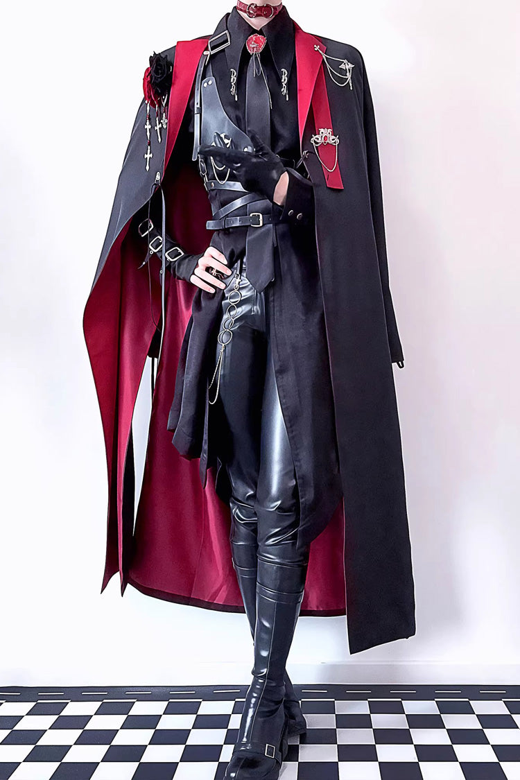 Black/Red [Night Sentinel] Long Sleeves Ouji Gothic Lolita Long Trench Coat - Black/Red - 1